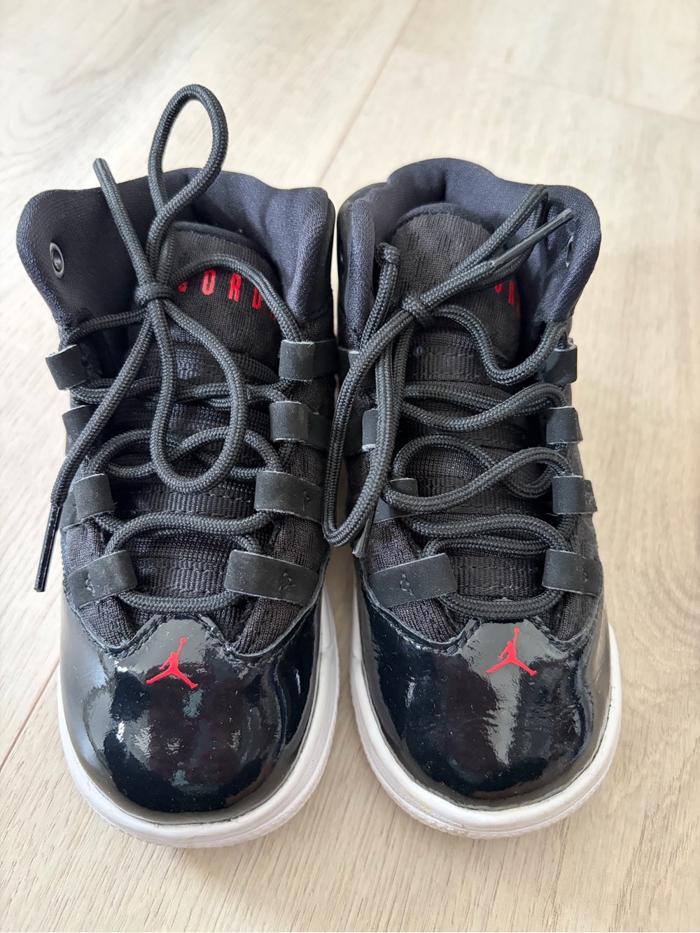 Jordan Kids' Black and Red High-Top Sneakers with Patent Toe